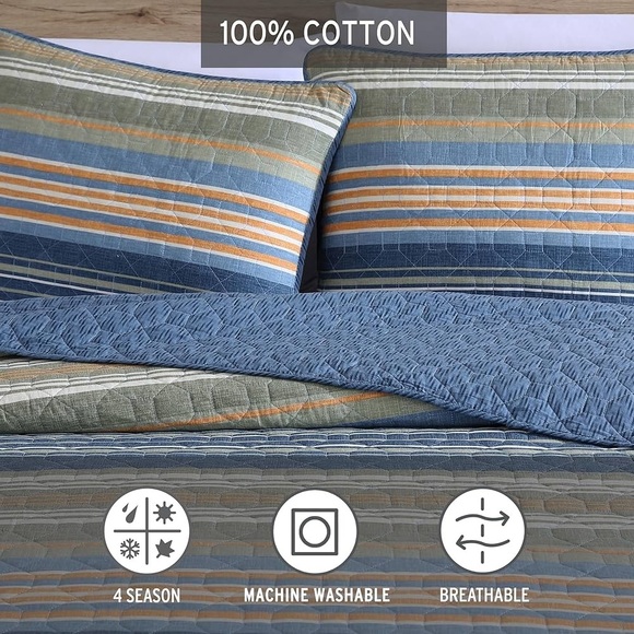 Eddie Bauer Yakima Valley Strip Persimmon Set,Reversible 3 piece Quilt Set Queen - Picture 5 of 10